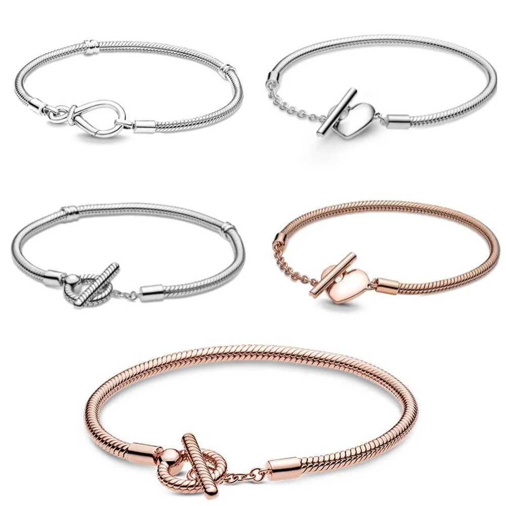 European 925 Silver Heart Clasp Clip Snake Chain Size 16-21cm Bracelet Bangles Jewelry Accessories Charm W250526