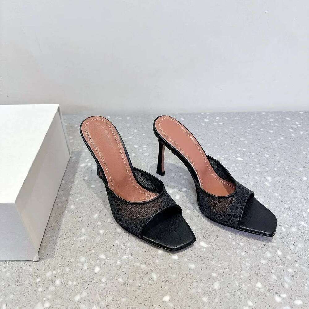 Hot Square Peep Sales High Heels Slippers Toe Runway Party Shoes Woman Summer Slides Mesh Lace Heeled Sandals Women