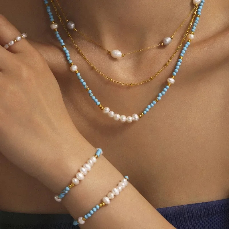 MARKA Blue Turquoise Natural Freshwater Pearl Stainless Steel Necklace for Women Niche Jewelry Accessories 250522