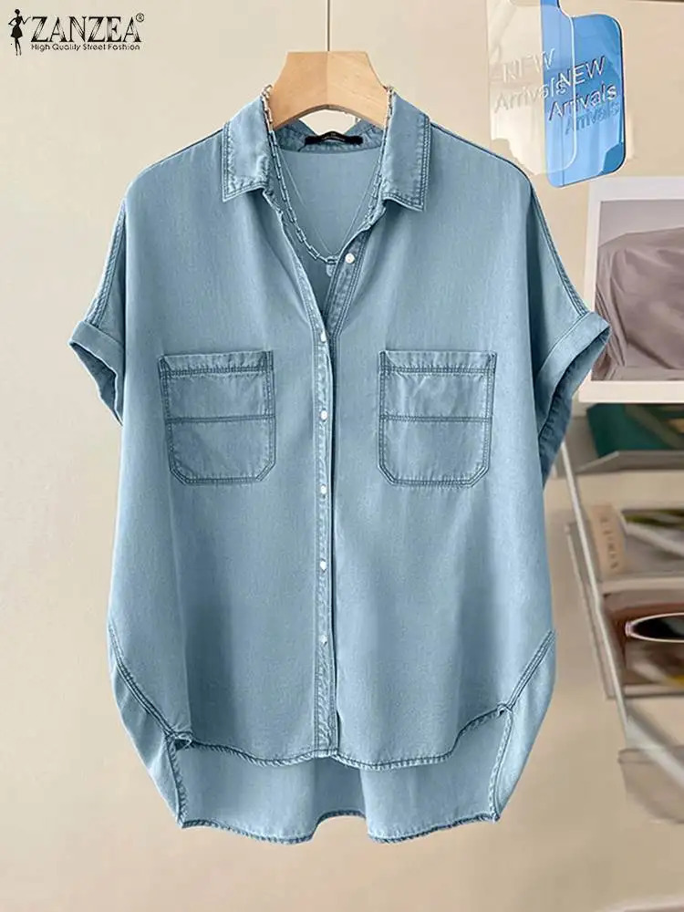 ZANZEA Women Demin Blue Blouse Elegant Short Sleeve Casual Solid Loose Tops Tees Summer Button Up Lapel Oversized Blusas 250523