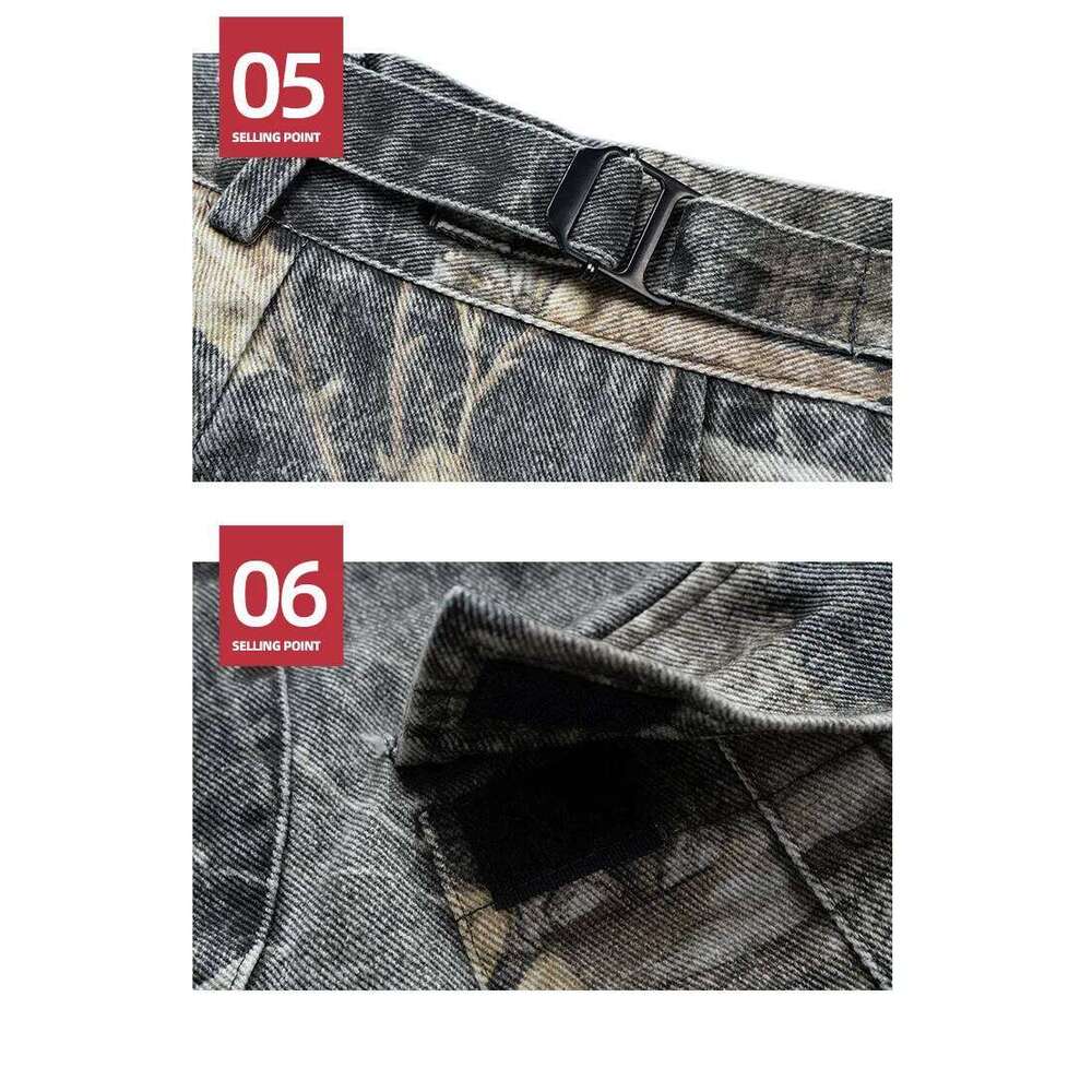 Camouflage Vintage Washed Tree Branch Five Quarter Pants for Men Women Summer Straight Baggy Shorts