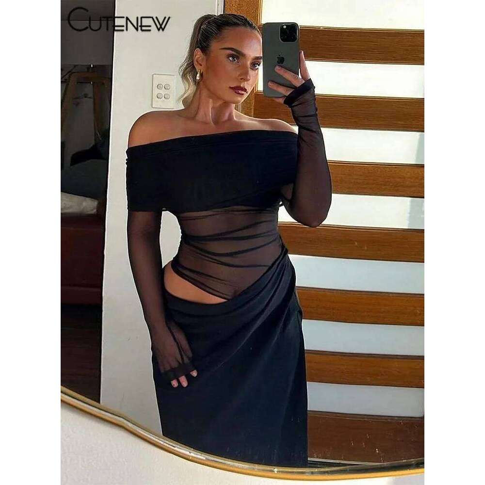 Hot Tight Dresses Cutenew Mesh Ruched Women Maxi Dress Sexy See Through Off Shoulder Long Sleeve Sheath Vestidos Female Midnight Party Solid Robe
