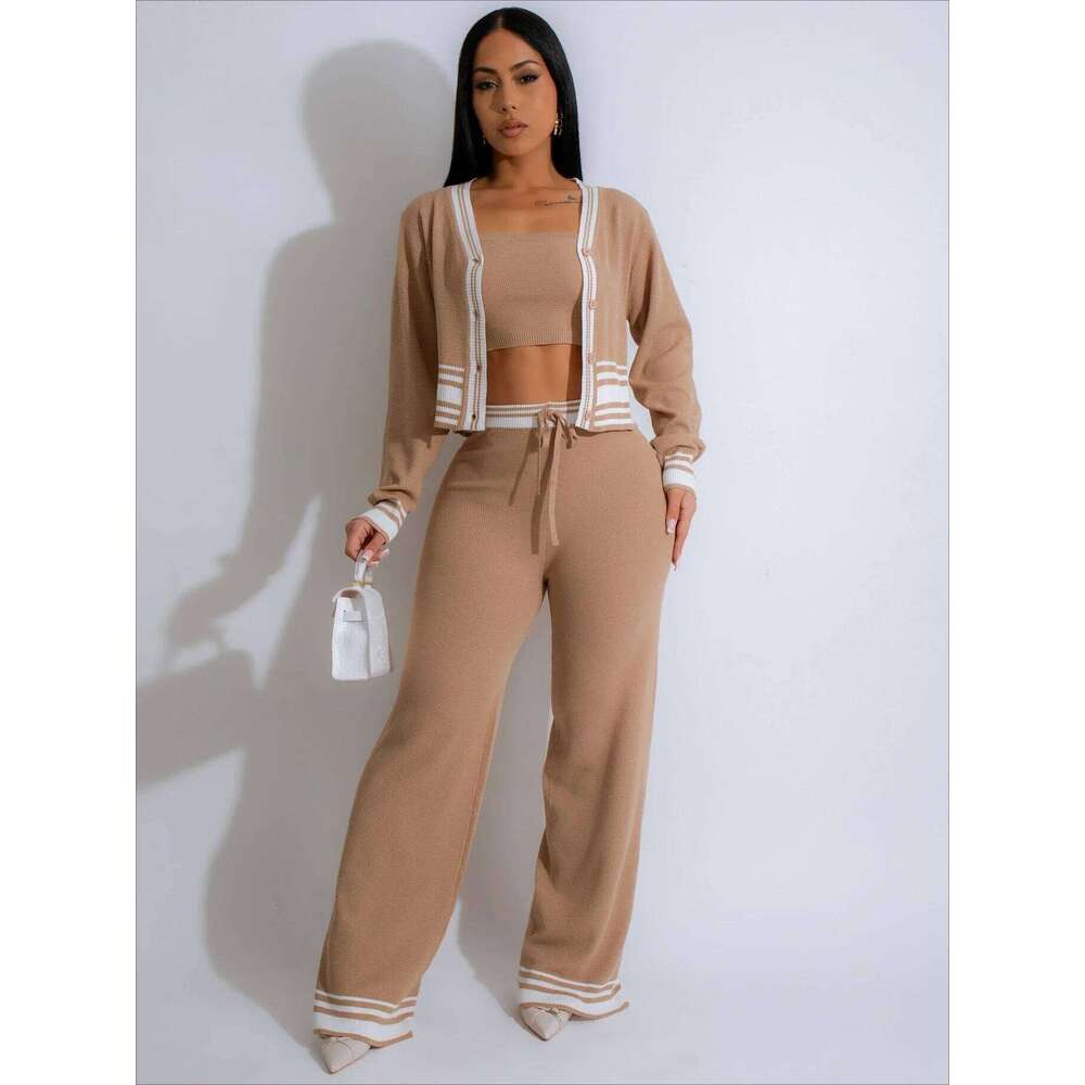 Street Knit Ribbed Striped Women's Butter Fly Sweater +Strapless Top + Pants 2024 Fall Winter Two 2-Piece Set Outfit