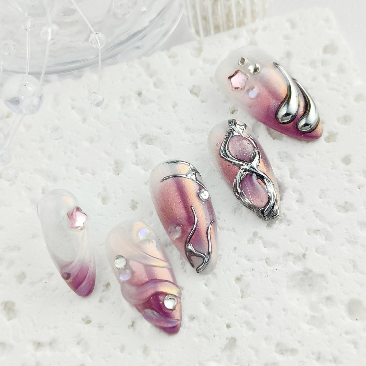 10pcs Y2K Handmade Press-on nails Medium Almond Nails 3D Metal wire Fake nails Bundle Sweet Love Diamond Finished nail stickers Free storage box jelly