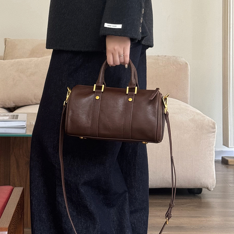 Real Leather Maillard Women's Handbag Light Luxury Western Style Boston Designer Bag Plant Tanned Cowhide Single Shoulder Crossbody Bag