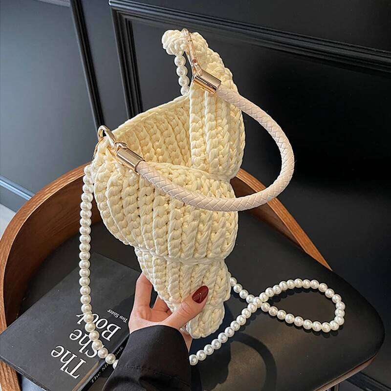 Women's Bags Designer Personalized Cute Pearls Chain Shoulder Crossbody Pure Hand-Woven Fashion Simple Conch Shell Handmade Straw Woven Bag
