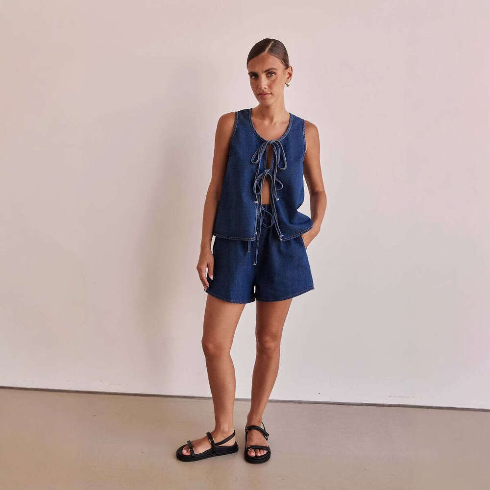 Summer Fashion Casual Sleeveless Tie Waist Women's Vest Denim Shorts Set