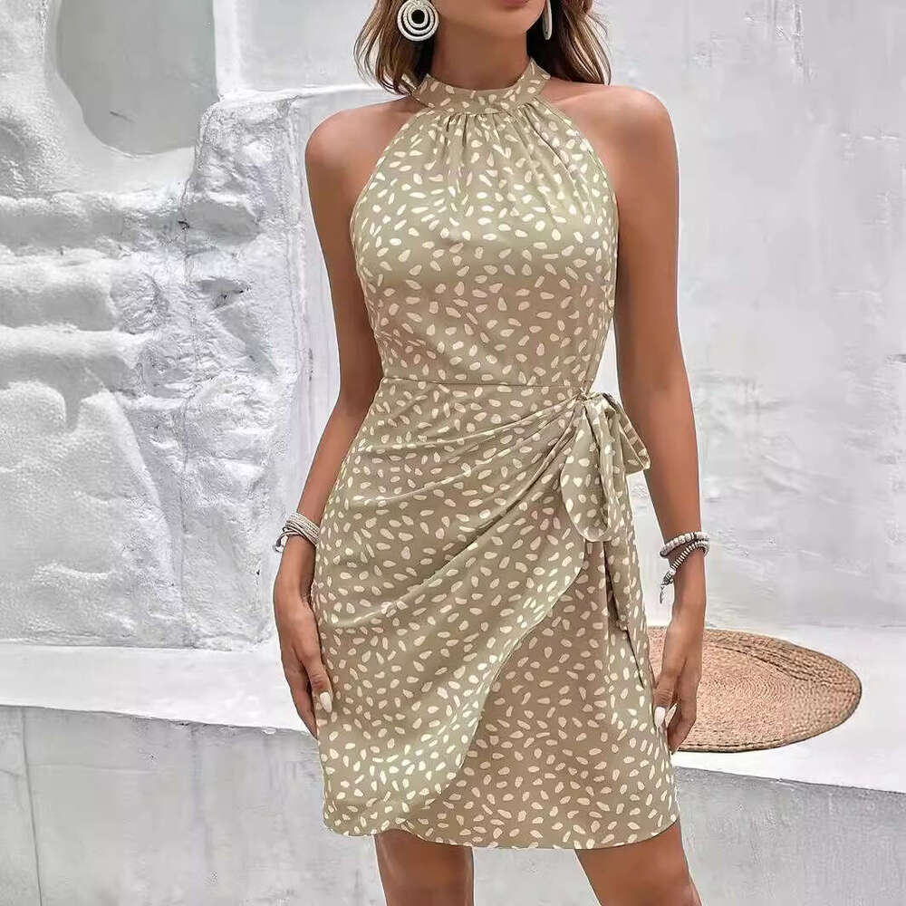 2025 Tie Polka Dot Ruched Sleeveless Waist-Cinching Halter Dress