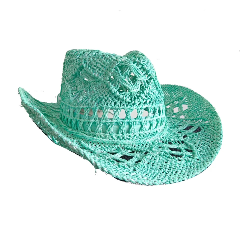 Hand-painted straw cowboy hat color mint green hollow malan flower men and women summer sun hat western cowboy hat sombrero 250526