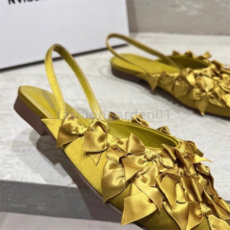 free shipping designer sandals womens flats heels sandal summer yellow black satin face classic fashion bowknot pointed toe ankle strap single shoes l