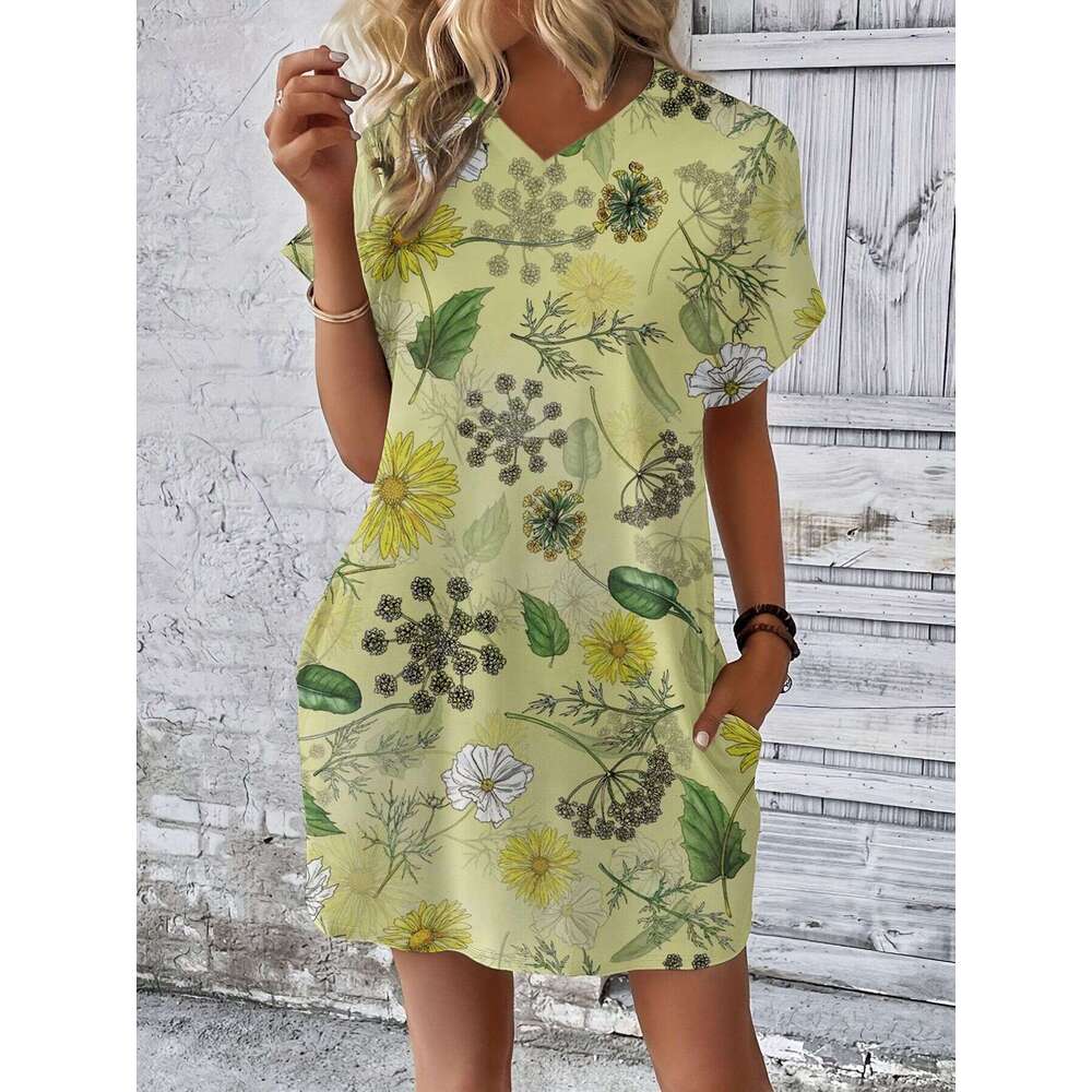 2025 New Printed Women's Fashion Casual Short Sleeve V-neck Pocket Dress for Women