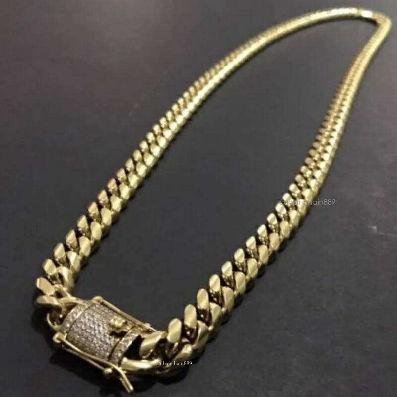 Moissanite Mens Gold Tone 316L Stainless Steel Necklace Cuban Link Chain with Dias Clasp Lock