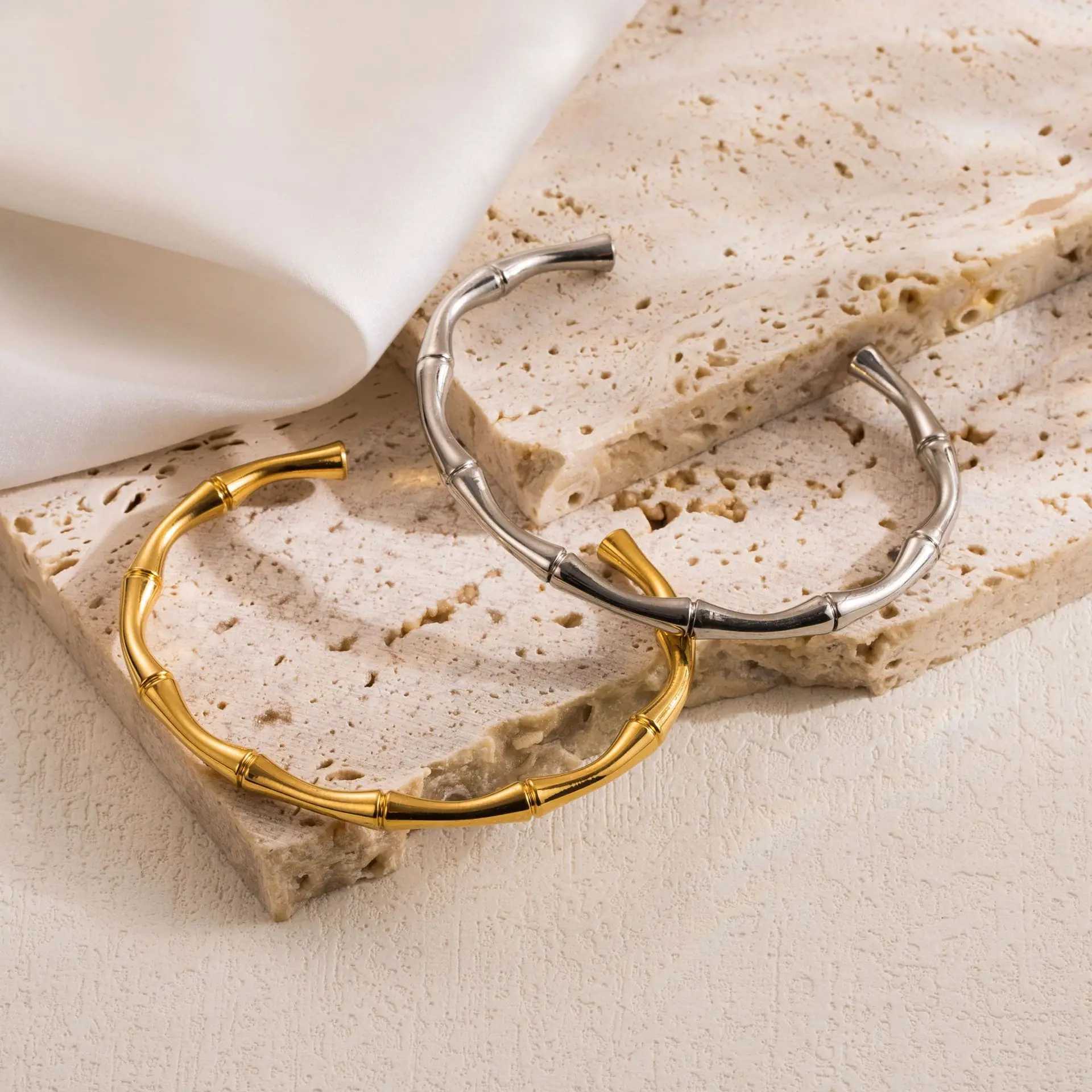 CARLIDANA Simple Stainless Steel Gold Color Bamboo Joint Bangles Trend Bracelet For Women Men Romantic Party Gift Fashion Jewelry W250526