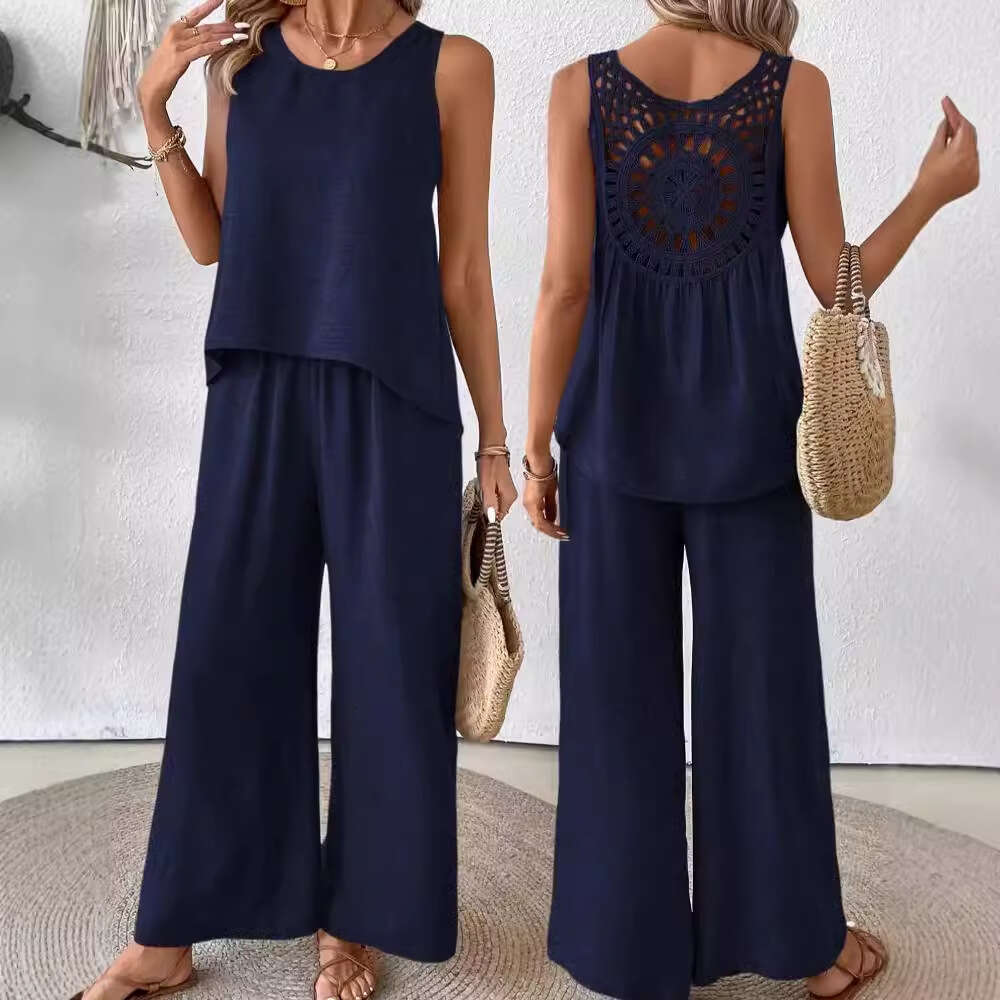 2025 New Summer Sleeveless Solid Color Backless Lace Trim Set Women's Fashion