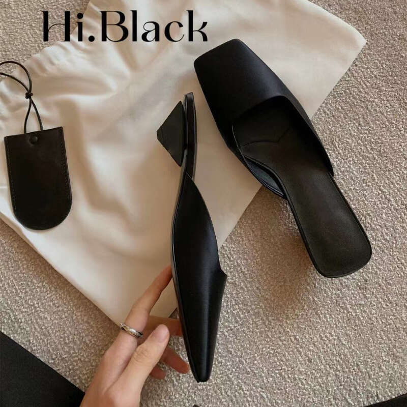 Grape Mom 2025 New Square Toe Satin Triangle Heel Mules Women Summer Outdoor Slippers