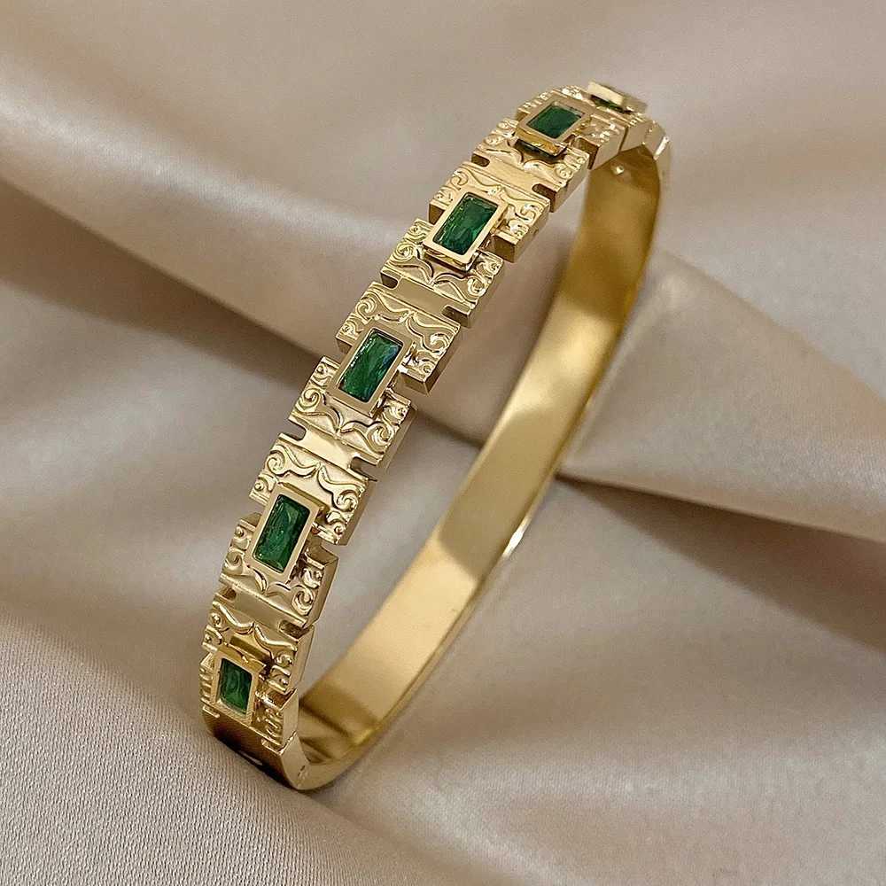 Vintage Palace Geometric Stainless Steel Bangle Bracelet for Women Inlaid Square Green Zircon Cuff Bracelets Jewelry Gifts W250526