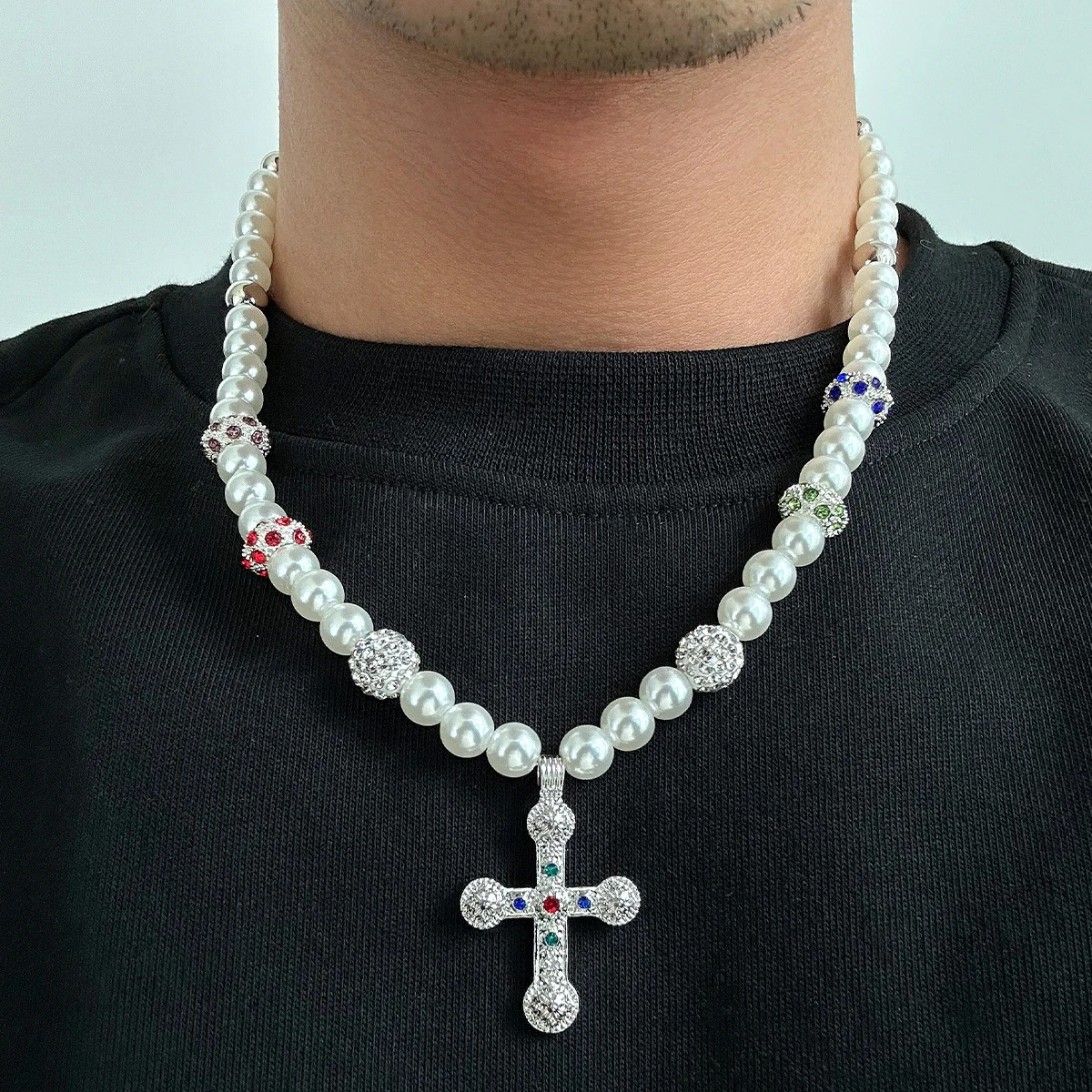 Ingemark Punk Big Cross Jesus Pendant Choker Necklace Men Vintage Pearl Crystal Chain Grunge Jewelry Steampunk Male 250522