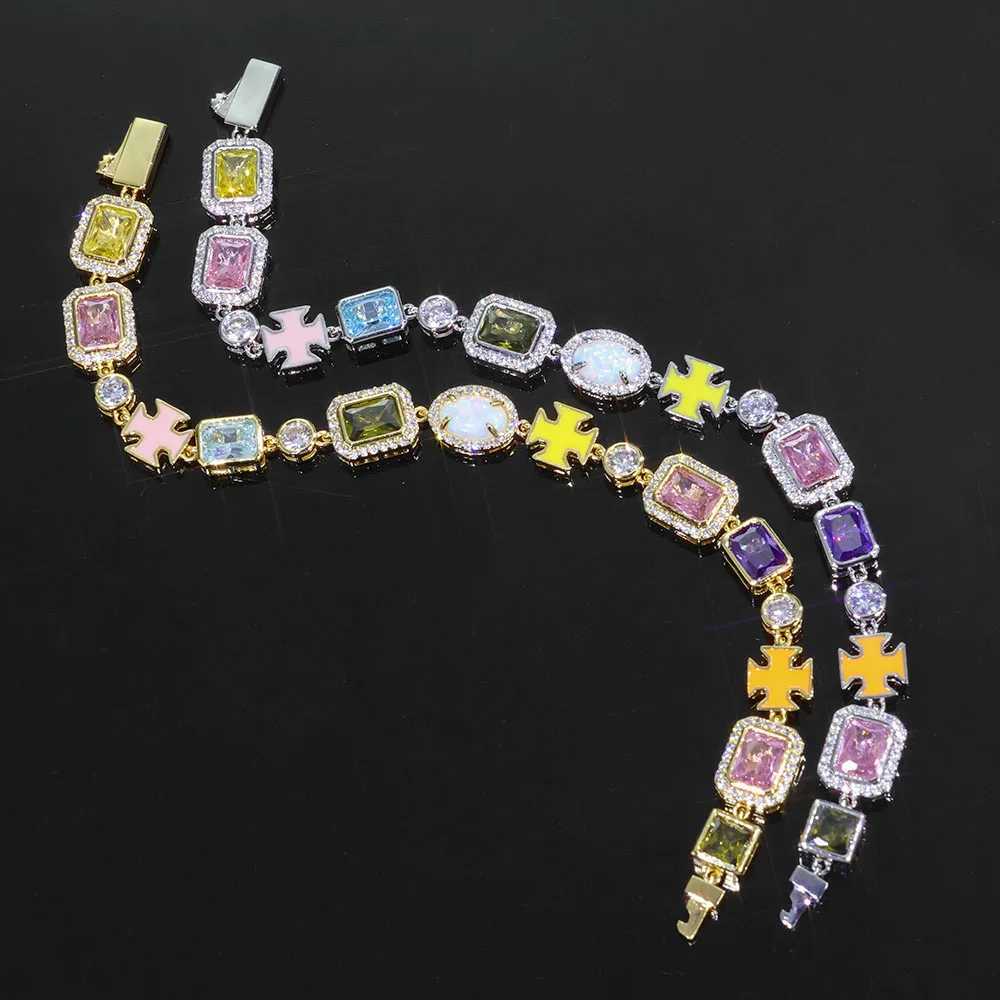 Colored Gems 10mm Tennis Chain Bracelet Mixed With Cross Brass Zircon Geometric Pattern Hip-Hop Style Bracelet For Men And Women W250526