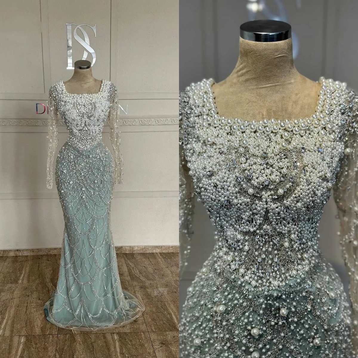 Luxurious Evening Dresses For Women Square Neck Long Sleeves Gown Pearls Sequins Crystal Sweep Train Dress Party Customized Dress