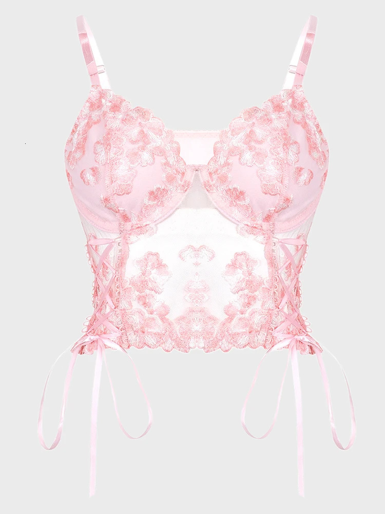 Women Sexy Lace Camisole Vest Adjustable Spaghetti Strap Pink Floral See Through Lace Tight Corset Exposed Navel Vest 250523