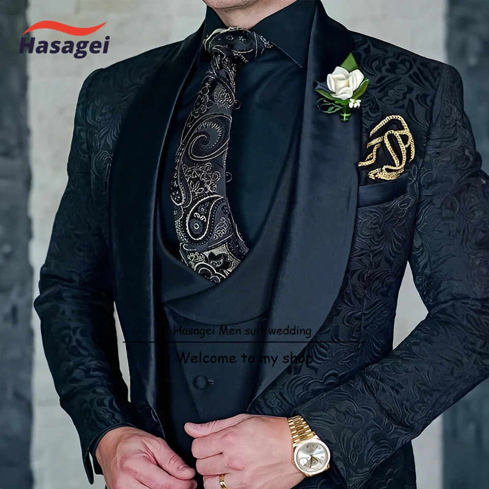 Mens Groom Terno Suit Italian Custom Black Smoking Tuxedo Jacket 3-piece Set Jacket Vest Pants Mens Wedding Suit 250522