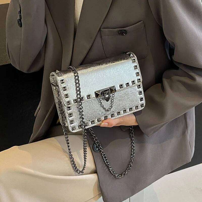 Rivet Small Shoulder Bags For Women Black Punk Style Crossbody Fashion Chain Flap Bag Leather Purses Designer Female Handbag