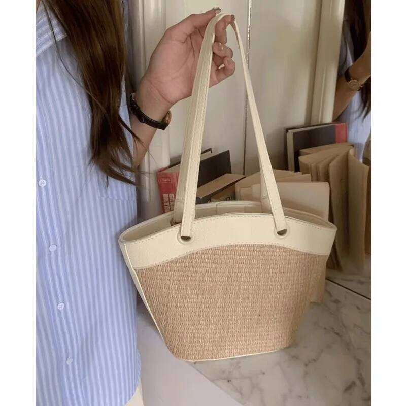 Vacation Woven Handbag Women Vintage Straw Bucket Bagutte Bag Purse Female Sea Holiday Summer Shoulder Bags 2025