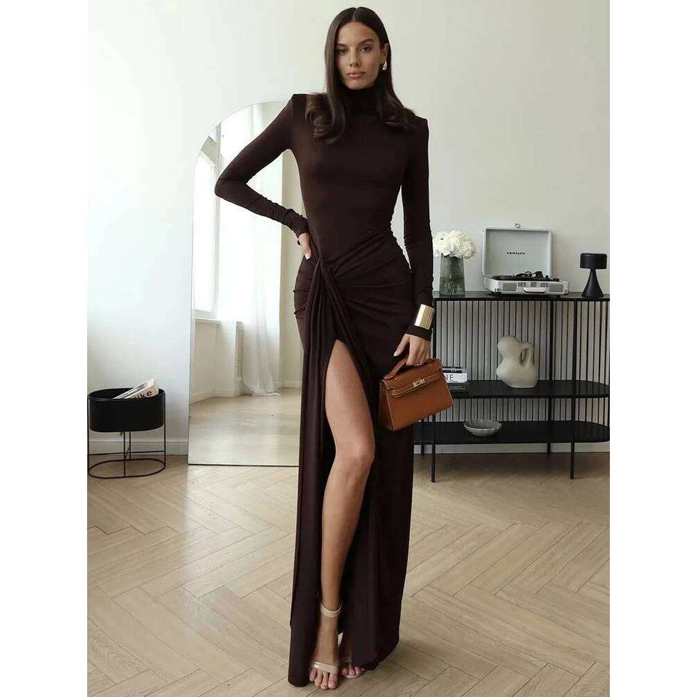 Hot Tight Dresses Mozision Turtleneck Thigh High Split Sexy Maxi For Women Fashion Sleeve Draped Bandage Bodycon Club Long Dress Casual Knee Length Dr