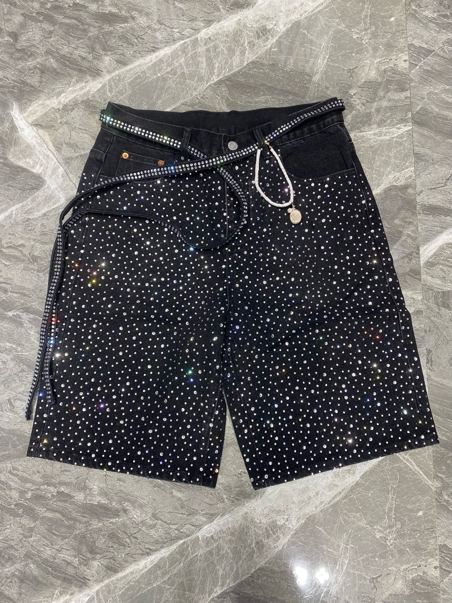men short jeans 2025 Mens black Denim Jeans Short Artificial diamond street hole shorts Casual shorts Knee lenght jean clothing 29-40 Size high quality shorts