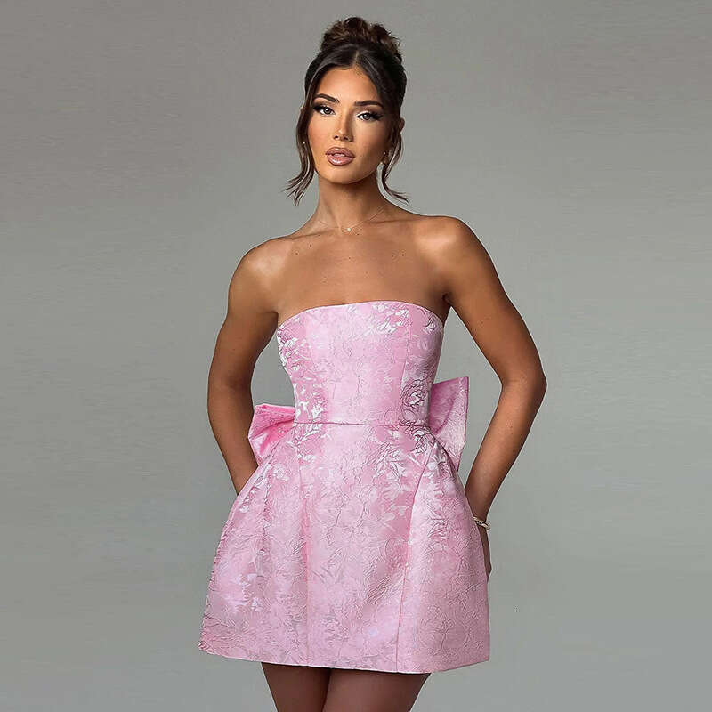 YJ24112 Summer 2025 New Fashion Style Elegant Sexy Jacquard Strapless Bow Mini Dress for Women