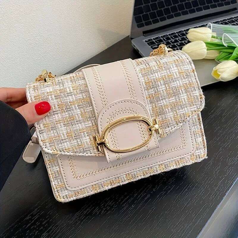 Chic Mini Plaid Tweed Crossbody Bag With Adjustable Strap, Fashionable Buckle Closure - Available In Cream, Green, Blue, Black