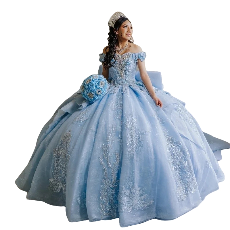 Light Sky Bule Ball Gown Princess Quinceanera Dresses With Luxury Lace Appliques Corset Sweet 16 Dress Bow Back Vestidos De 15 Anos