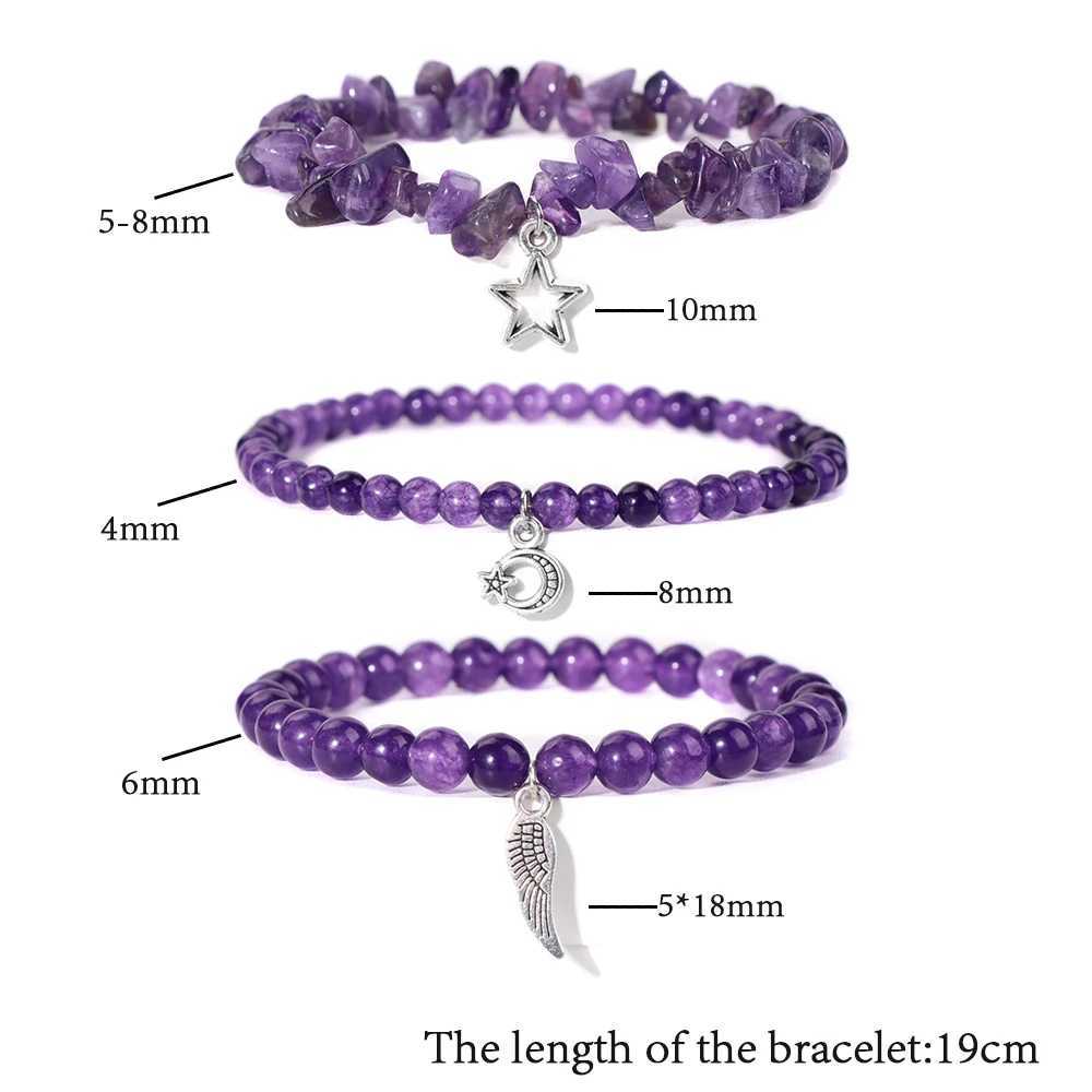 3Pcs/set Natural Stone Amethysts Bracelet Healing Quartz Beads Star Moon Feather Pendant Bracelets for Women Men Energy Jewelry W250526