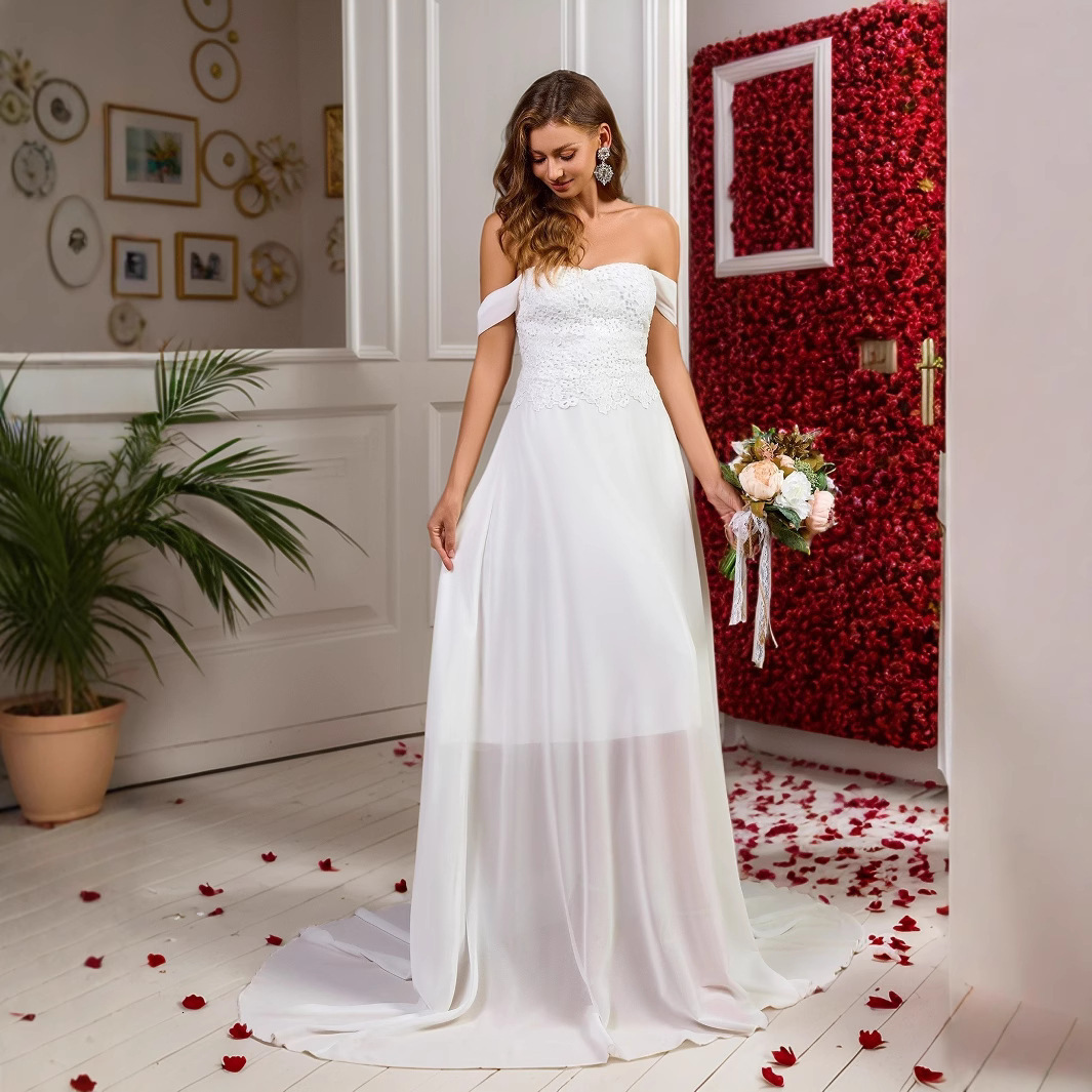 2025 Summer New Dress Shoulder Lace Chiffon Splicing Wedding Dress