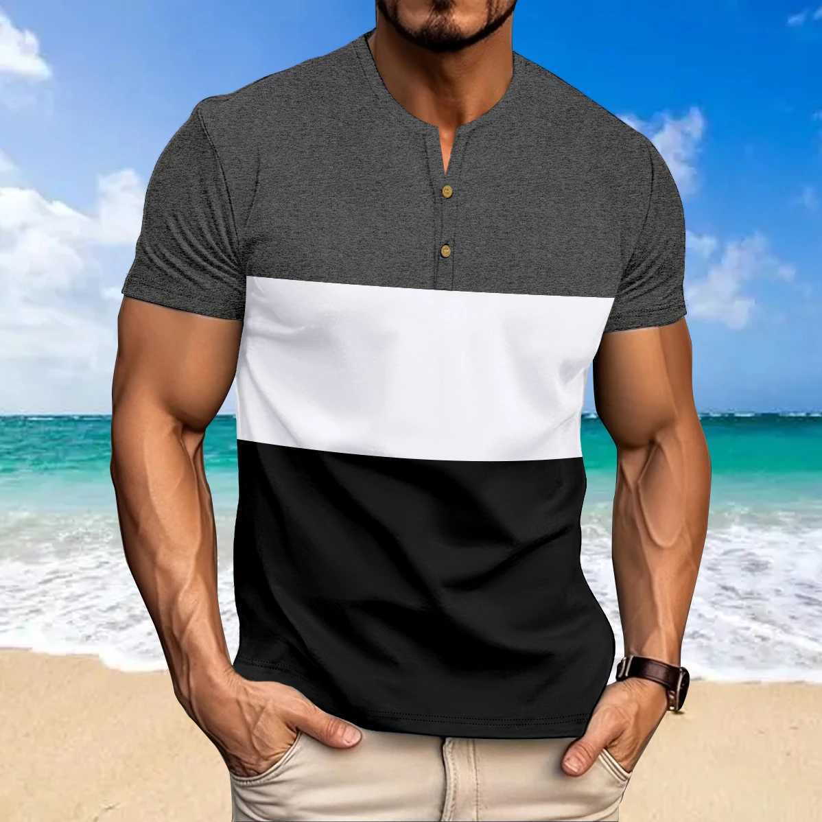 New Color Matching T-Shirt Men Casual Sports Comfort Summer Short Sleeve Henry Neck Mens T Shirts Fashion Basic Male Top Z250527