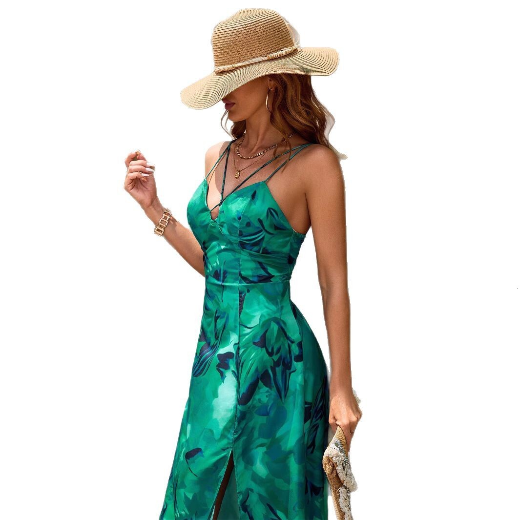 Womens clothing 2025 summer new product sexy backless lace up slim fit printed suspender dress
