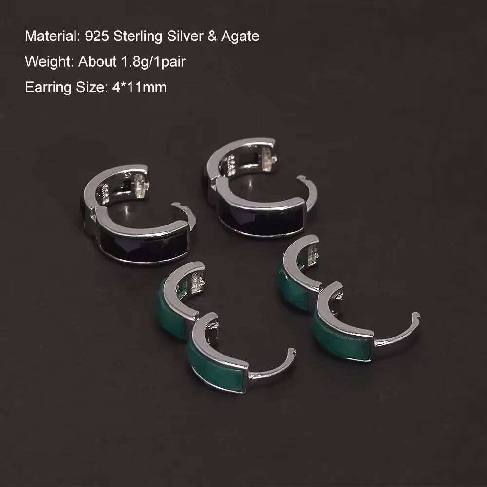 Pure Sier Cut Green Black Agate Hoop Natural Gemstone Hie Earrings Women Men Unisex Fashion Vintage Jewelry