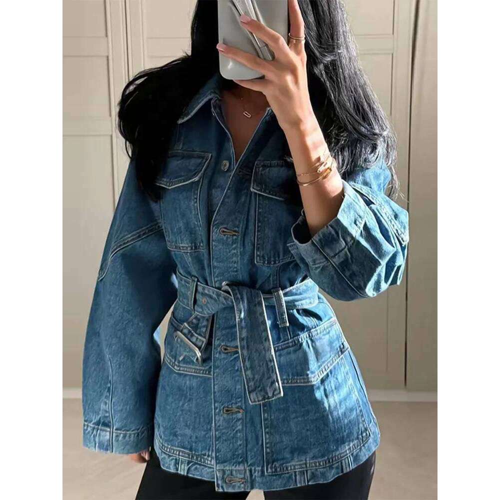 Denim Belts Fashion Jacket Women Single Breasted Turn-Down Collar Long Sleeve Pocket Street Coat 2025 Spring Chic Vintage Tops