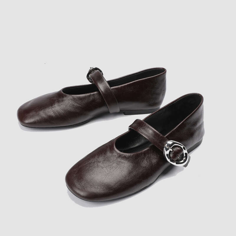 Mary Jane Strap Single Women 2025 New French Style Shallow Mouth Flat Ballet Fashion Round Toe Leather Shoes