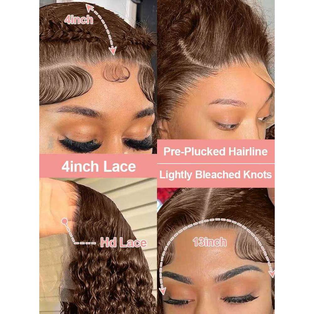 220 Density Chocolate Brown Deep Wave Front Human Hair 38Inch Color Hd Lace Frontal Wig For Women 13x6 Water Curly Wigs
