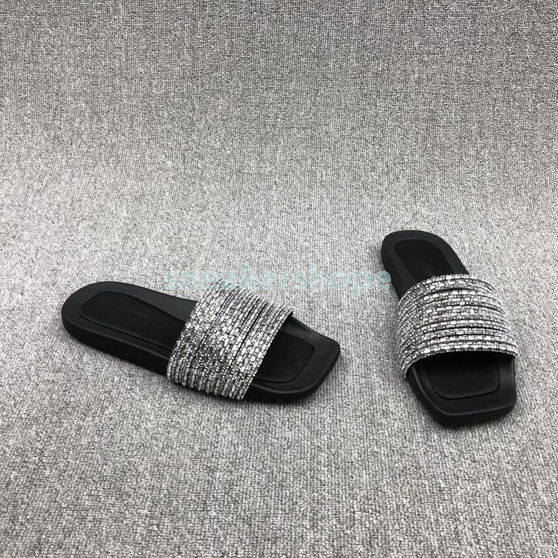 Designer Slides Bling Bling Crystal Slippers Womens Sliders Shiny Glitter Sandals Flats Heel Flip Flops Summer Rhinestone Beading Sandal