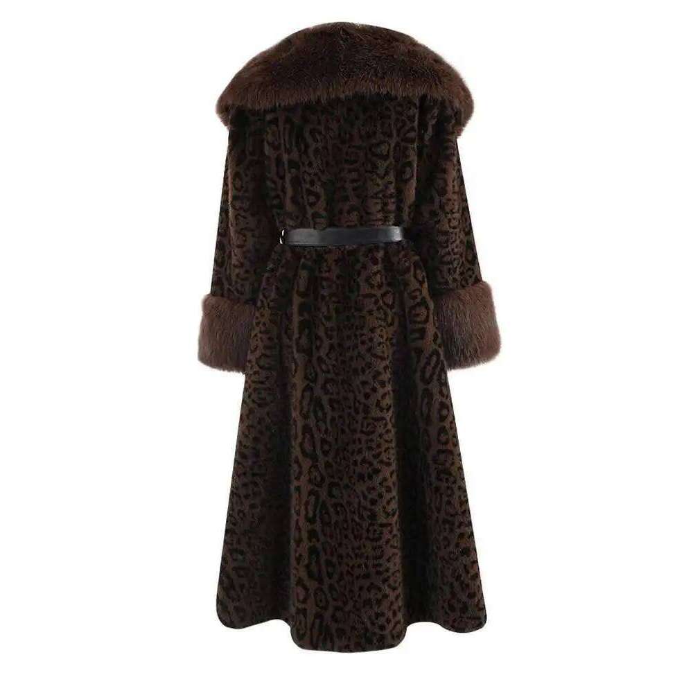 EAM Brown Leoppard Print Big Size Faux Fur Jacket New Lapel Long Sleeve Women Coat Fashion Autumn Spring 2025 CPG2454