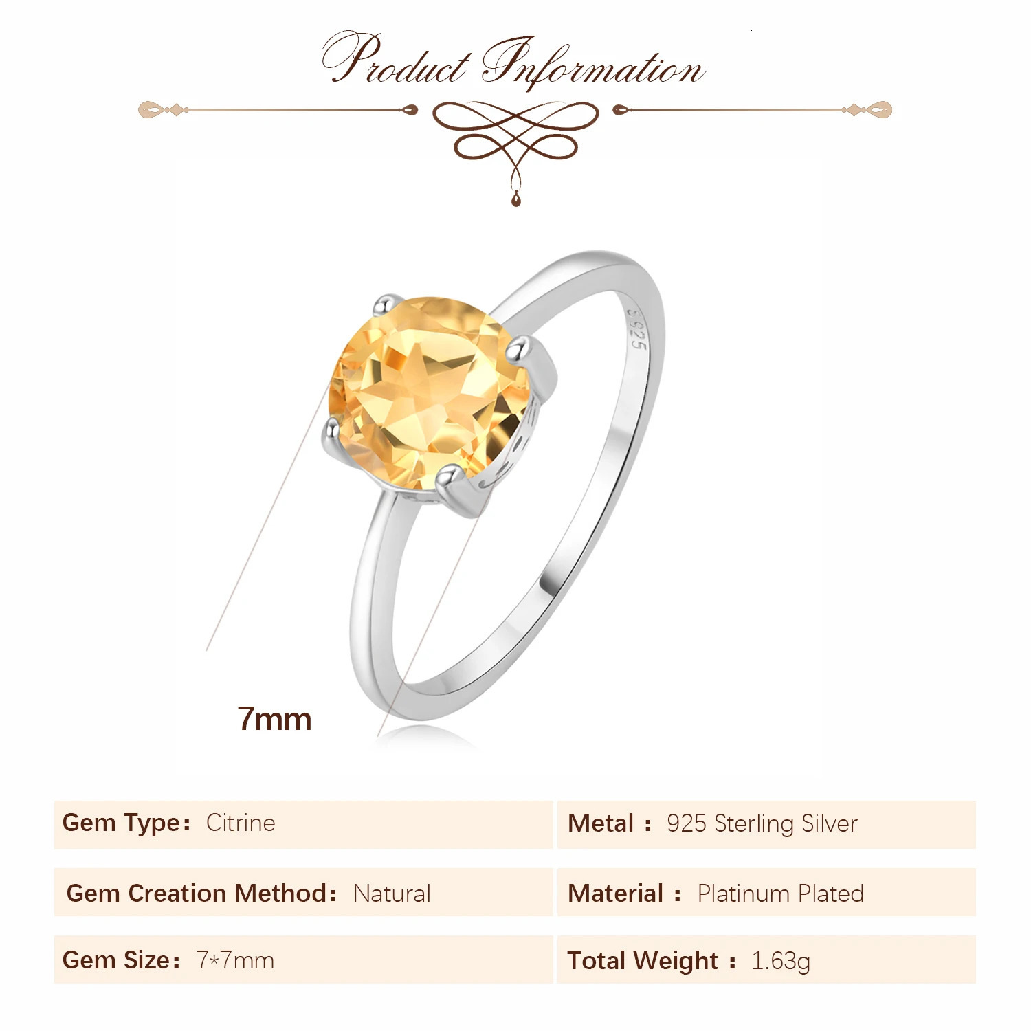 Potiy 1ct Cute Round Natural 2ct Citrine Solitaire Ring for Her Cocktail Ring 925 Sterling Silver for Women Daily Birthstone 250519