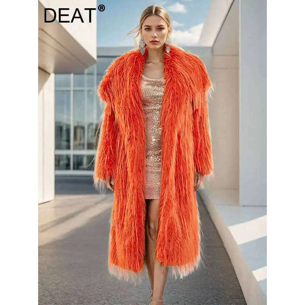 DEAT Fashion Women's Faux Fur Coat Lapel Long Sleeves Orange Tassel Loose Thick Warm Jacke Winter 2024 New Tide 7AB6033