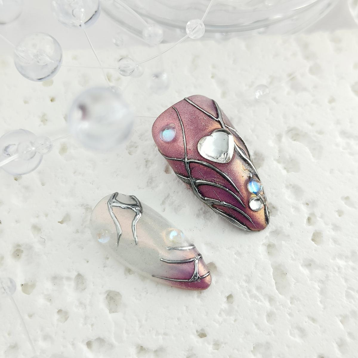 10pcs Y2K Handmade Press-on nails Medium Almond Nails 3D Metal wire Fake nails Bundle Sweet Love Diamond Finished nail stickers Free storage box jelly