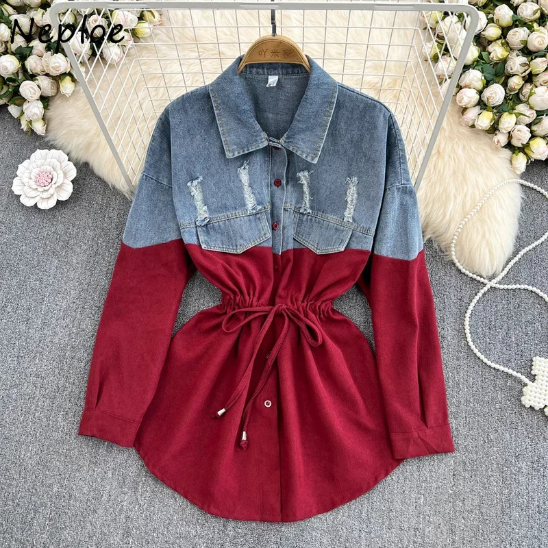 Neploe Turn Down Collar Contrast Color Denim Patchwork Blouse Single-breasted Drawstring Blusa Korean 2025 Loose Casual Shirt 250523