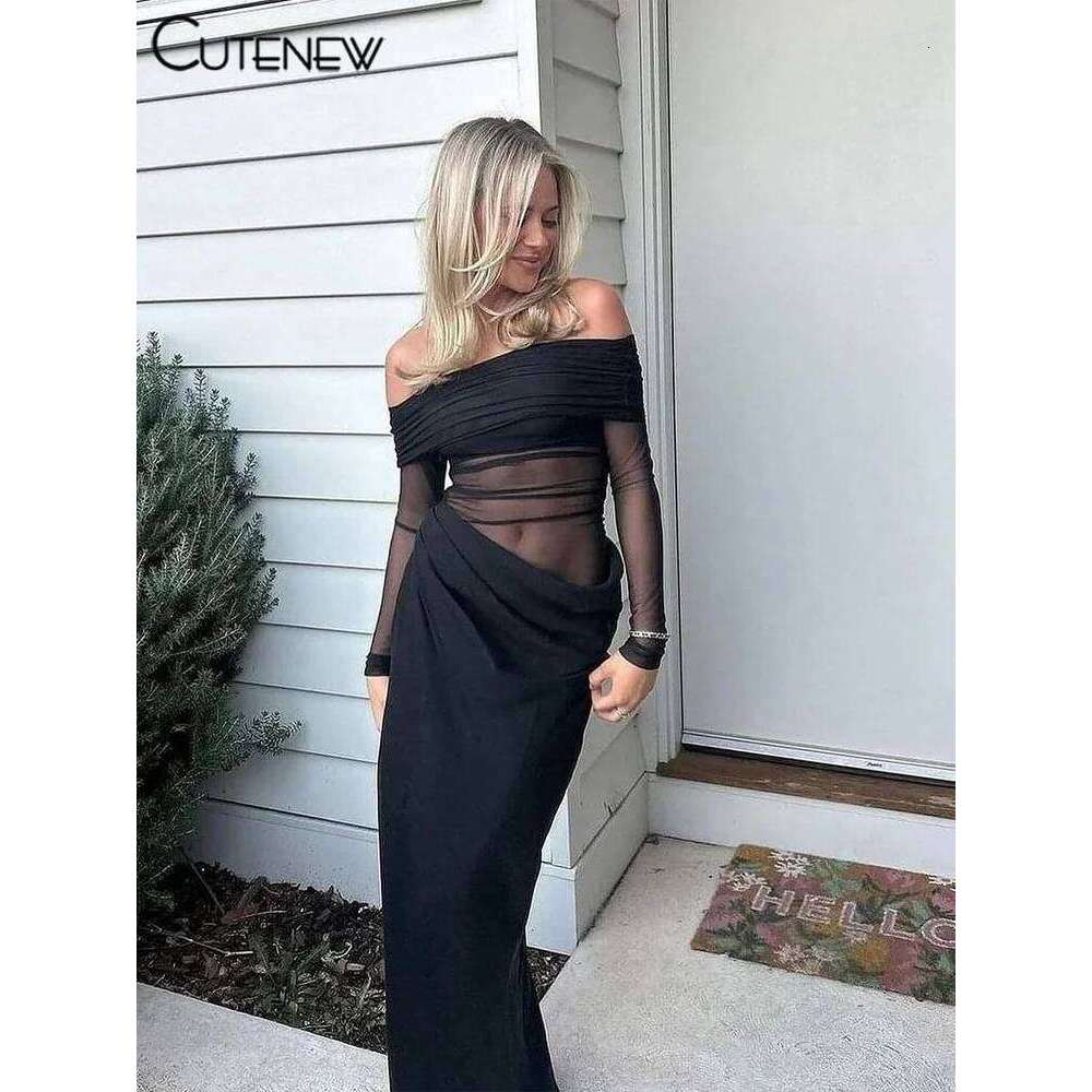 Hot Tight Dresses Cutenew Mesh Ruched Women Maxi Dress Sexy See Through Off Shoulder Long Sleeve Sheath Vestidos Female Midnight Party Solid Robe