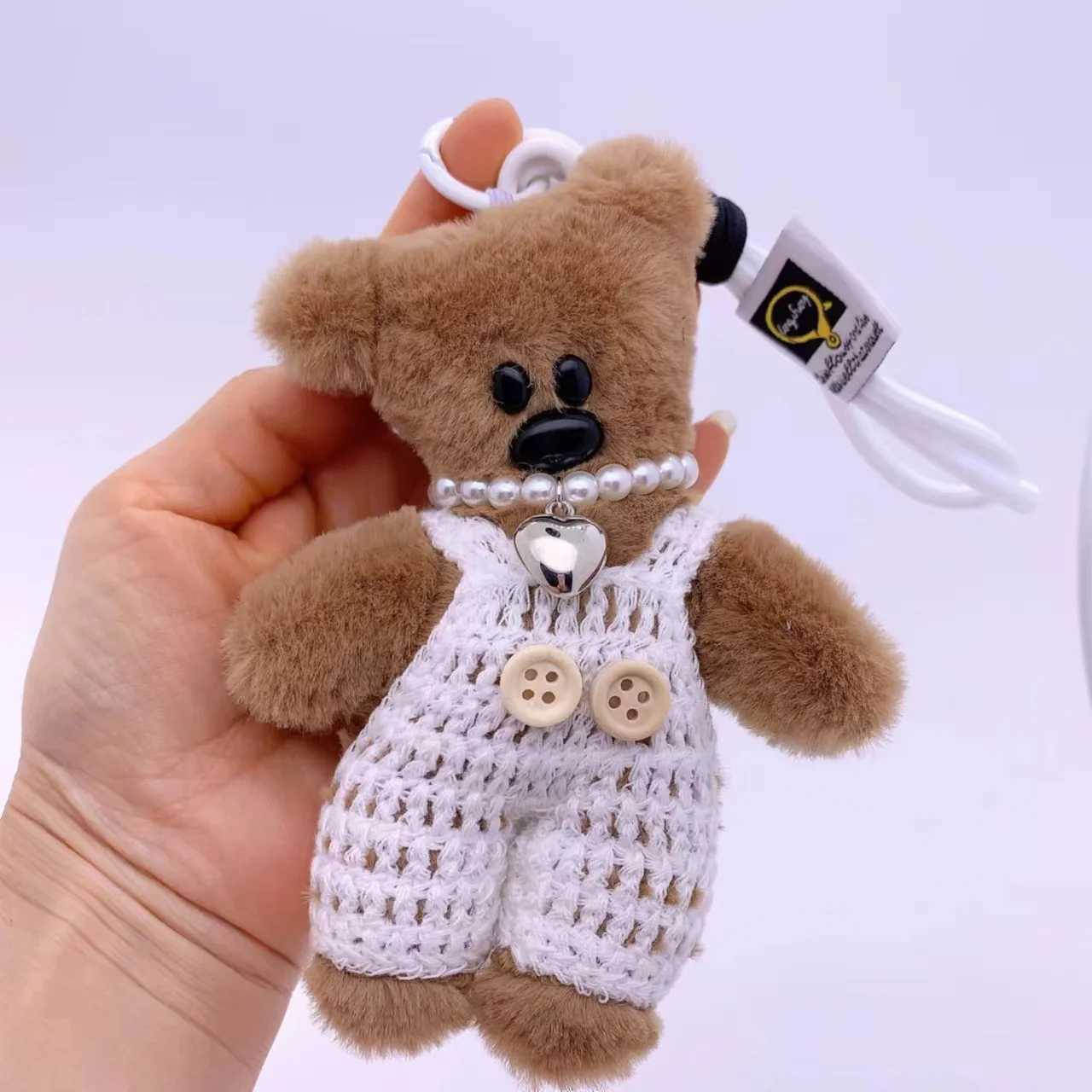 15cm Plush Small Bear Toy DIY Keychains Cute Handmade Knitted Overalls Bear Keychain Animals Pendant Kids Women Bag Accessories W250526