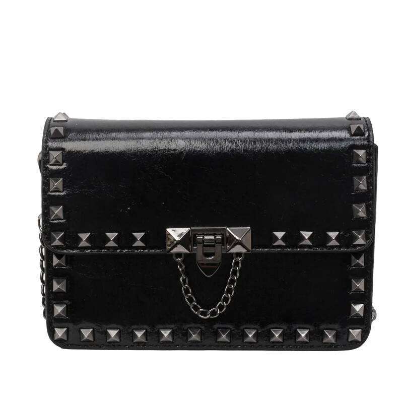 Rivet Small Shoulder Bags For Women Black Punk Style Crossbody Fashion Chain Flap Bag Leather Purses Designer Female Handbag