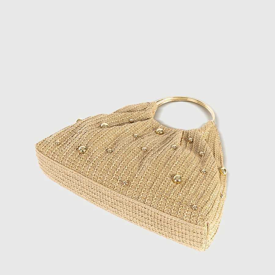 Summer Hand-woven Straw Bag Women Hollowed-Out Metal Round Handle Clutch Purse Bead Decoration Cloud Handbag Travel Beach Totes W250527